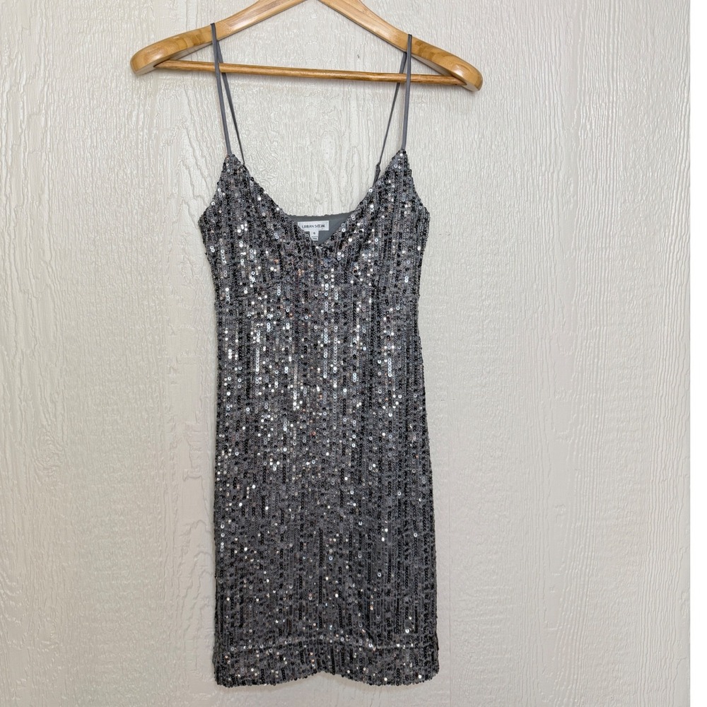 Urban Social Silver Sequin Mini Dress Grey Spaghetti Strap V-Neck Party Size S